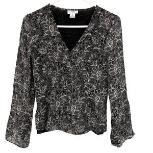 2/$18 SALE! Ann Taylor Loft XS Black Floral Faux Wrap Top 100% Silk Shell V Neck